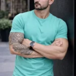 Erkek T-Shirt Bisiklet Yaka Slim Fit Dar Kesim Likralı Tişört Günlük Basic Body - Turkuvaz