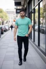 Erkek T-Shirt Bisiklet Yaka Slim Fit Dar Kesim Likralı Tişört Günlük Basic Body - Turkuvaz - Görsel 2