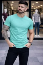 Erkek T-Shirt Bisiklet Yaka Slim Fit Dar Kesim Likralı Tişört Günlük Basic Body - Turkuvaz - Görsel 3