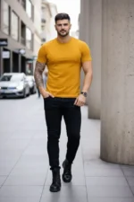 Erkek T-Shirt Bisiklet Yaka Slim Fit Dar Kesim Likralı Tişört Günlük Basic Body - Limon - Görsel 2