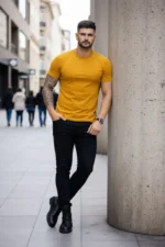 Erkek T-Shirt Bisiklet Yaka Slim Fit Dar Kesim Likralı Tişört Günlük Basic Body - Limon - Görsel 3