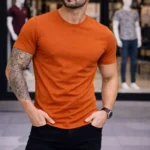 Erkek T-Shirt Bisiklet Yaka Slim Fit Dar Kesim Likralı Tişört Günlük Basic Body - Koyu Turuncu