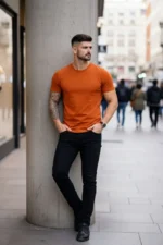 Erkek T-Shirt Bisiklet Yaka Slim Fit Dar Kesim Likralı Tişört Günlük Basic Body - Koyu Turuncu - Görsel 2