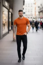 Erkek T-Shirt Bisiklet Yaka Slim Fit Dar Kesim Likralı Tişört Günlük Basic Body - Koyu Turuncu - Görsel 3