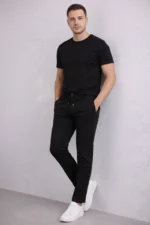 Erkek Diagonel Mikro Dokulu Duble Paça Cepli Pantolon Bağcıklı Bel, Modern Kesim - Siyah - Görsel 2