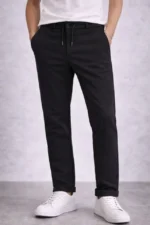 Erkek Diagonel Mikro Dokulu Duble Paça Cepli Pantolon Bağcıklı Bel, Modern Kesim - Siyah - Görsel 3