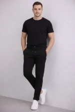 Erkek Diagonel Mikro Dokulu Duble Paça Cepli Pantolon Bağcıklı Bel, Modern Kesim - Siyah - Görsel 4