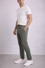 Erkek Diagonel Mikro Dokulu Duble Paça Cepli Pantolon Bağcıklı Bel, Modern Kesim - Haki - Görsel 3