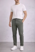 Erkek Diagonel Mikro Dokulu Duble Paça Cepli Pantolon Bağcıklı Bel, Modern Kesim - Haki - Görsel 4