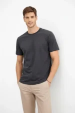 Erkek Bisiklet Yaka Tişört Regular Kalıp Basic Pamuklu Günlük Kullanım T-shirt - Füme - Görsel 2