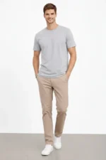 Erkek Bisiklet Yaka Tişört Regular Kalıp Basic Pamuklu Günlük Kullanım T-shirt - Gri - Görsel 3