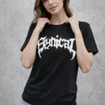 Bisiklet Yaka Ön Baskılı  Kısa Kollu Tişört Streetwear Günlük Basic Pamuklu T-shirt - Siyah