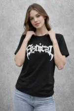 Bisiklet Yaka Ön Baskılı  Kısa Kollu Tişört Streetwear Günlük Basic Pamuklu T-shirt - Siyah