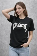 Bisiklet Yaka Ön Baskılı  Kısa Kollu Tişört Streetwear Günlük Basic Pamuklu T-shirt - Siyah - Görsel 2