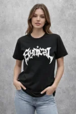 Bisiklet Yaka Ön Baskılı  Kısa Kollu Tişört Streetwear Günlük Basic Pamuklu T-shirt - Siyah - Görsel 3