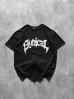 Bisiklet Yaka Ön Baskılı  Kısa Kollu Tişört Streetwear Günlük Basic Pamuklu T-shirt - Siyah - Görsel 4