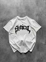 Bisiklet Yaka Ön Baskılı Kısa Kollu Tişört Streetwear Günlük Basic Pamuklu T-shirt - Beyaz - Görsel 4