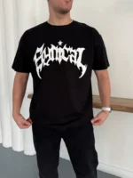 Erkek Bisiklet Yaka Ön Baskılı  Kısa Kollu Tişört Streetwear Günlük Basic Pamuklu T-shirt - Siyah - Görsel 2