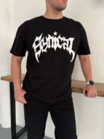 Erkek Bisiklet Yaka Ön Baskılı  Kısa Kollu Tişört Streetwear Günlük Basic Pamuklu T-shirt - Siyah - Görsel 3