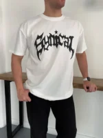 Erkek Bisiklet Yaka Ön Baskılı Kısa Kollu Tişört Streetwear Günlük Basic Pamuklu T-shirt - Beyaz