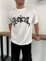 Erkek Bisiklet Yaka Ön Baskılı Kısa Kollu Tişört Streetwear Günlük Basic Pamuklu T-shirt - Beyaz - Görsel 2