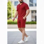 Erkek Waffle Kumaş Kısa Kollu Gömlek Şort Takım Regular Fit Yazlık İkili Set - Bordo - Görsel 2