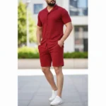 Erkek Waffle Kumaş Kısa Kollu Gömlek Şort Takım Regular Fit Yazlık İkili Set - Bordo - Görsel 3