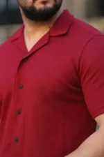 Erkek Waffle Kumaş Kısa Kollu Gömlek Şort Takım Regular Fit Yazlık İkili Set - Bordo - Görsel 4