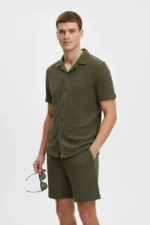 Erkek Waffle Kumaş Kısa Kollu Gömlek Şort Takım Regular Fit Yazlık İkili Set - Haki - Görsel 2