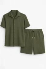 Erkek Waffle Kumaş Kısa Kollu Gömlek Şort Takım Regular Fit Yazlık İkili Set - Haki - Görsel 3