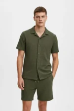 Erkek Waffle Kumaş Kısa Kollu Gömlek Şort Takım Regular Fit Yazlık İkili Set - Haki - Görsel 4