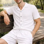 Erkek Waffle Kumaş Kısa Kollu Gömlek Şort Takım Regular Fit Yazlık İkili Set - Beyaz