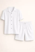 Erkek Waffle Kumaş Kısa Kollu Gömlek Şort Takım Regular Fit Yazlık İkili Set - Beyaz - Görsel 2