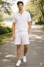 Erkek Waffle Kumaş Kısa Kollu Gömlek Şort Takım Regular Fit Yazlık İkili Set - Beyaz - Görsel 3