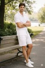 Erkek Waffle Kumaş Kısa Kollu Gömlek Şort Takım Regular Fit Yazlık İkili Set - Beyaz - Görsel 4