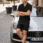 Erkek Waffle Kumaş Kısa Kollu Gömlek Şort Takım Regular Fit Yazlık İkili Set - Siyah