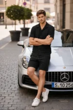 Erkek Waffle Kumaş Kısa Kollu Gömlek Şort Takım Regular Fit Yazlık İkili Set - Siyah