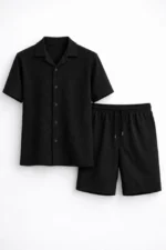 Erkek Waffle Kumaş Kısa Kollu Gömlek Şort Takım Regular Fit Yazlık İkili Set - Siyah - Görsel 2