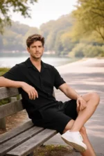 Erkek Waffle Kumaş Kısa Kollu Gömlek Şort Takım Regular Fit Yazlık İkili Set - Siyah - Görsel 3