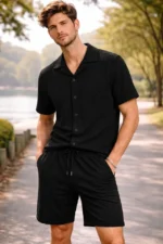 Erkek Waffle Kumaş Kısa Kollu Gömlek Şort Takım Regular Fit Yazlık İkili Set - Siyah - Görsel 4