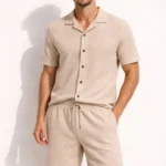 Erkek Waffle Kumaş Kısa Kollu Gömlek Şort Takım Regular Fit Yazlık İkili Set - Bej