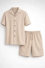 Erkek Waffle Kumaş Kısa Kollu Gömlek Şort Takım Regular Fit Yazlık İkili Set - Bej - Görsel 2