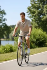 Erkek Waffle Kumaş Kısa Kollu Gömlek Şort Takım Regular Fit Yazlık İkili Set - Bej - Görsel 3