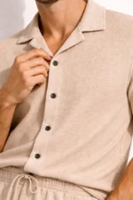 Erkek Waffle Kumaş Kısa Kollu Gömlek Şort Takım Regular Fit Yazlık İkili Set - Bej - Görsel 4