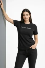 Wafıl Kumaş Tişört Regular Kalıp Bisiklet Yaka Baskılı Günlük Basic T-Shirt - Siyah - Görsel 2