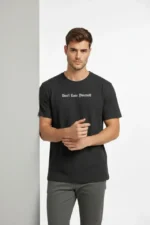 Erkek Wafıl Kumaş Tişört Regular Kalıp Bisiklet Yaka Baskılı Günlük Basic T-Shirt - Siyah - Görsel 2