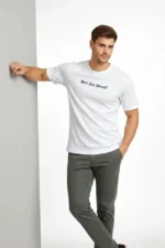 Erkek Wafıl Kumaş Tişört Regular Kalıp Bisiklet Yaka Baskılı Günlük Basic T-Shirt - Beyaz - Görsel 2