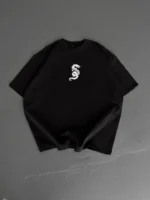 Baskılı Oversize Bisiklet Yaka T-shirt - Siyah