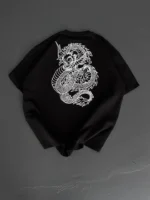 Baskılı Oversize Bisiklet Yaka T-shirt - Siyah - Görsel 4