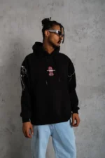 Erkek Oversize Üç İplik Kapüşonlu Sweatshirt – Siyah “Don’t Be Terrified” Ön, Sırt Ve Kol Baskılı, Kanguru Cepli, Ribanalı Rahat Model- Siyah - Görsel 2
